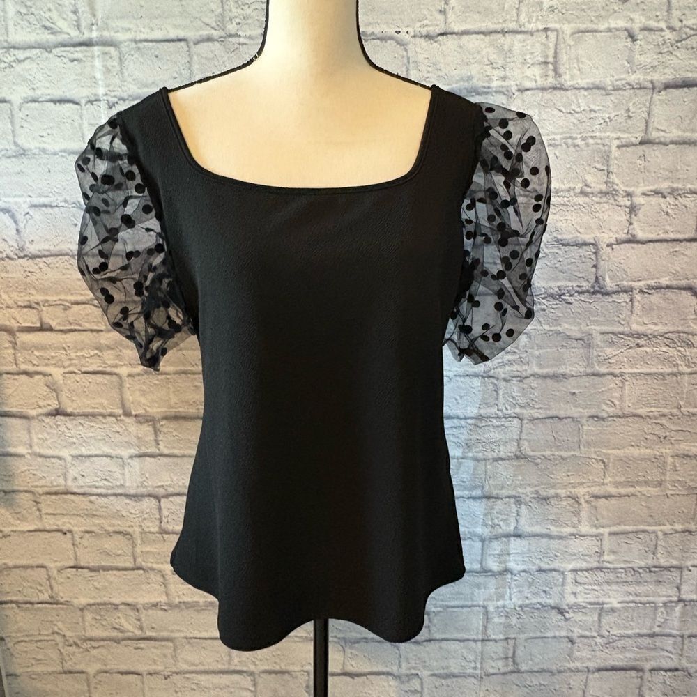 SHEIN Black Blouse with Sheer Polka Dot Sleeves